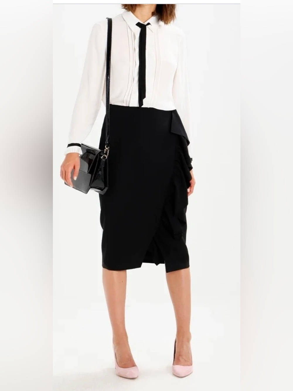 Ted Baker Black Ruffle Wrap Midi pencil Skirt size2 zip in the back